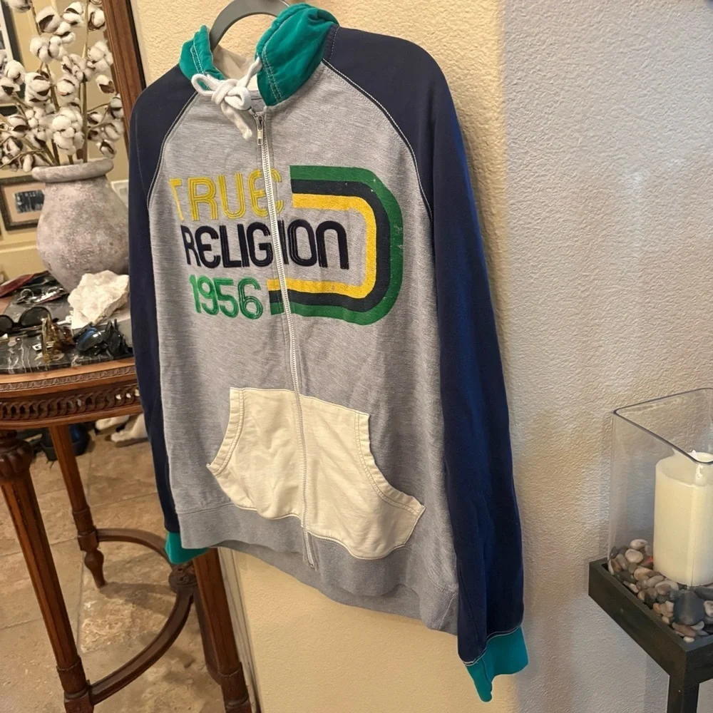 Vintage TRUE RELIGION Men Y2K Rainbow Hoodie Zipped Jacket Size XL
